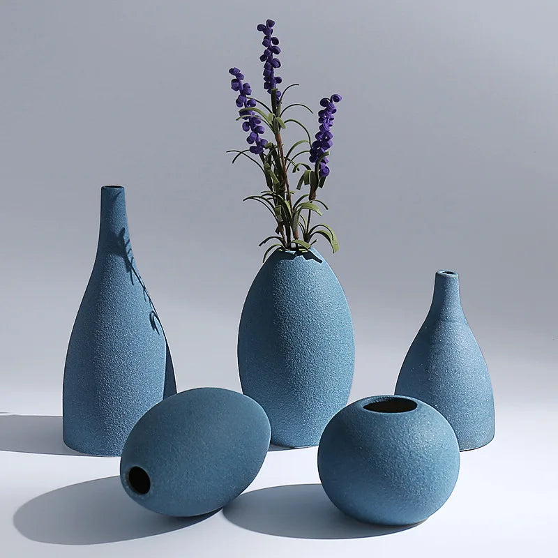 Simple Home Accessories Ornaments European Frosted Blue Black Ceramic Vases Flower Insert Crafts  Decorativos Moderno