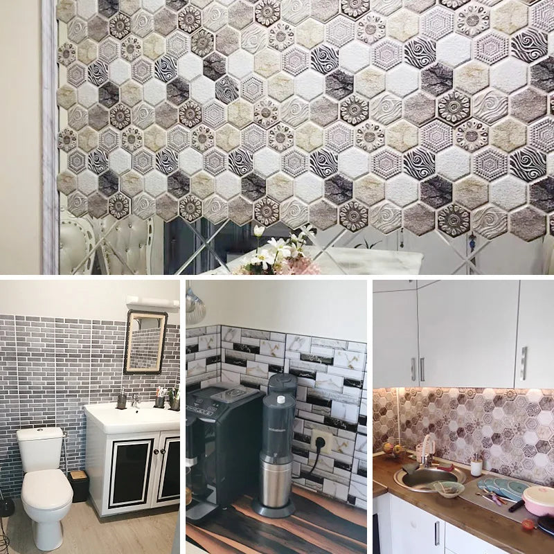 =(K)= 10Pcs 3D Self-Adhesive Wallpaper DIY Brick Stone Pattern Waterproof 3D Tile Wall Stickers Home Decoration Kitchen Room