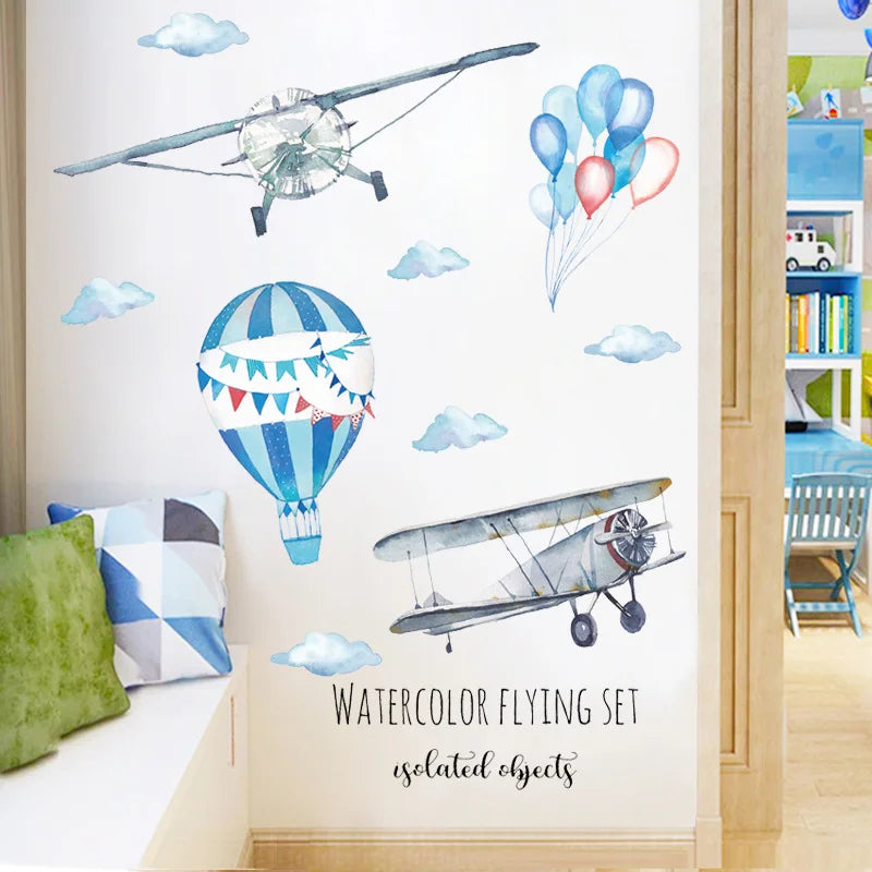 Cartoon Hand Painted Aircraft Kids room Bedroom Wall Sticker Hot air balloon Wall Decal Removable Vinyl Mural Art Wall Poster