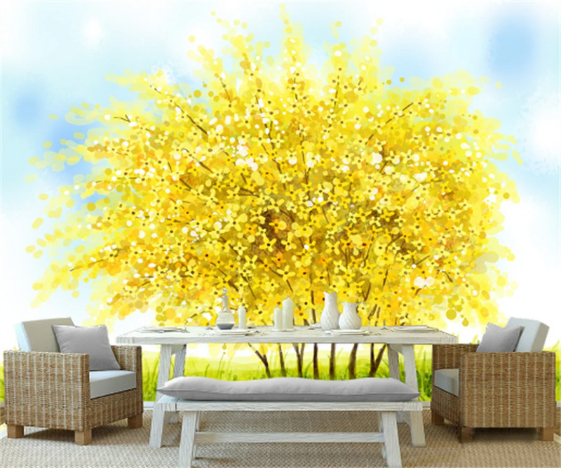 Southeast Asia hand-painted watercolor yellow big tree dreamy background wall painting custom photo wallpaper wall sticker