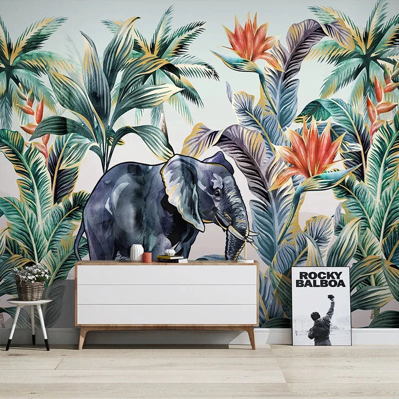 Custom 3D Wallpaper Modern Forest Animal Elephant Tropical Plant Flower Coconut Tree Photo Wall Murals Living Room TV 3D Sticker