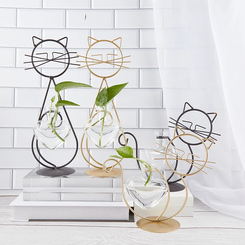 Hydroponic Plant Vases Cute Cat Shaped Flower Pot Transparent Vase With Iron For Home Decoration