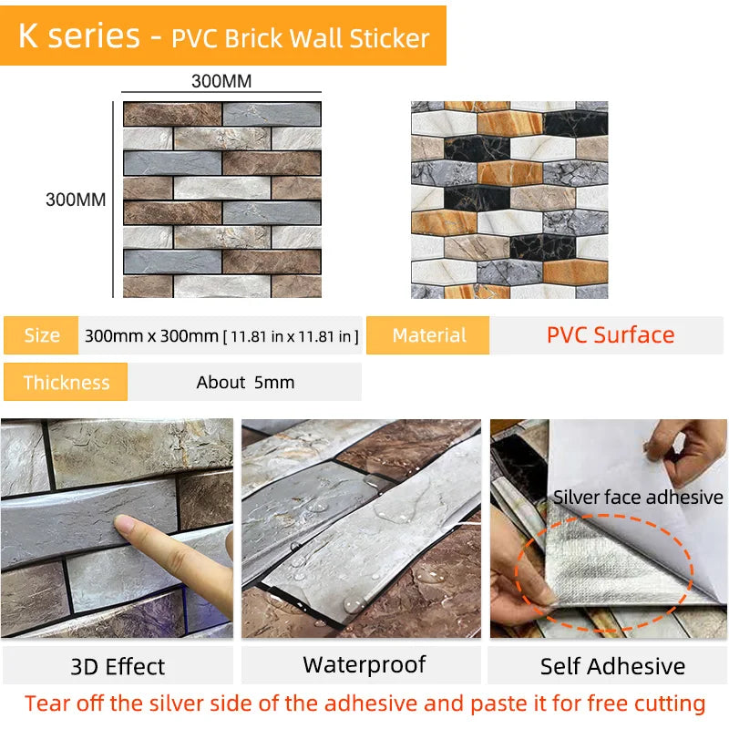 =(K)= 10Pcs 3D Self-Adhesive Wallpaper DIY Brick Stone Pattern Waterproof 3D Tile Wall Stickers Home Decoration Kitchen Room