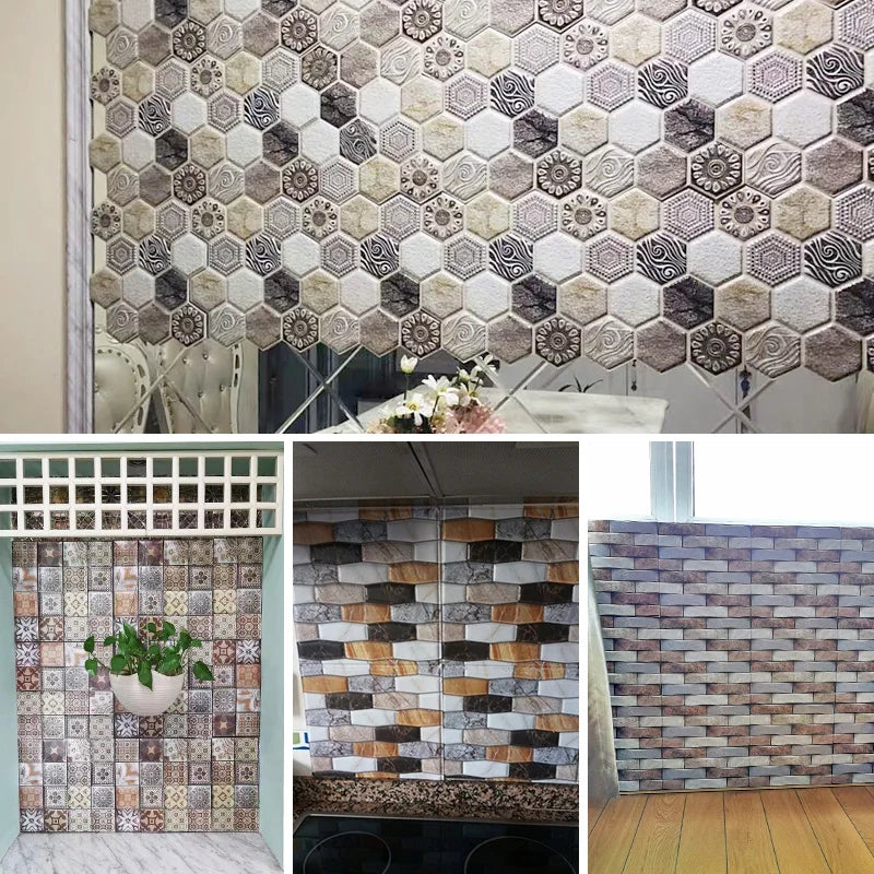 Kaguyahime 20pcs Self-Adhesive Wall Tile Stickers DIY Stone Pattern 3D PVC Wallpaper Wall Panel Home Decor Waterproof Wall Paper