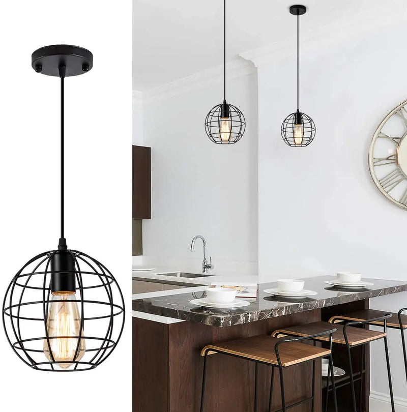 Retro Industrial Pendant Light Nordic Black Metal Cage Lighting Fixtures Iron Loft Cage Kitchen Vintage Adjustable Hanging Lamps