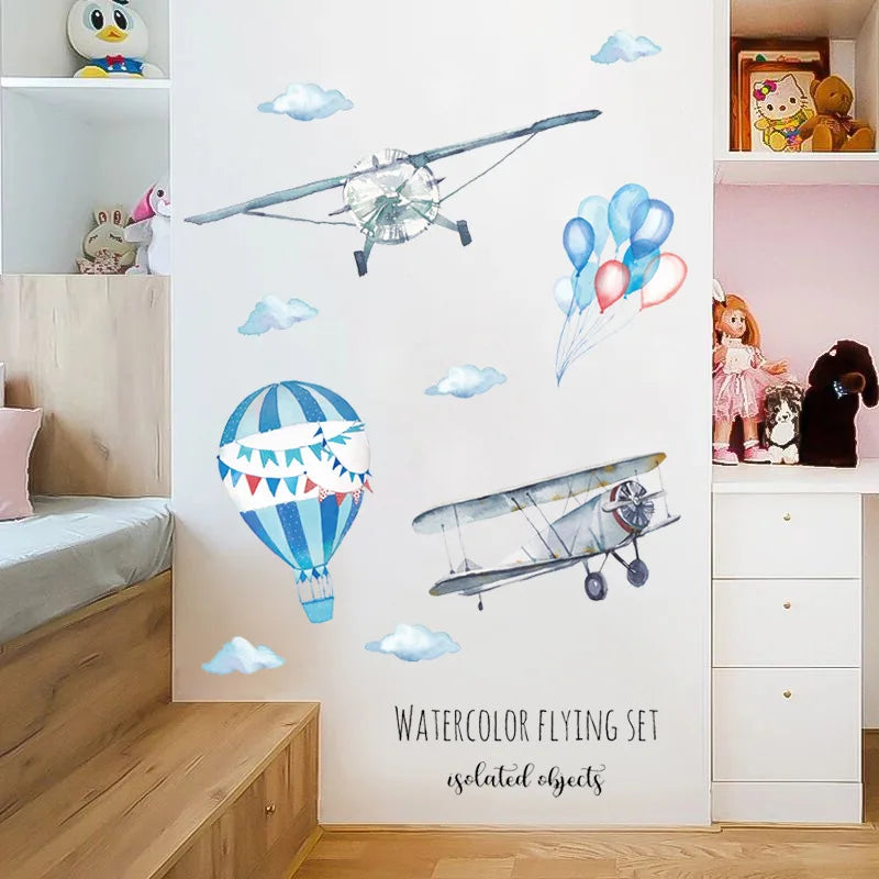 Cartoon Hand Painted Aircraft Kids room Bedroom Wall Sticker Hot air balloon Wall Decal Removable Vinyl Mural Art Wall Poster