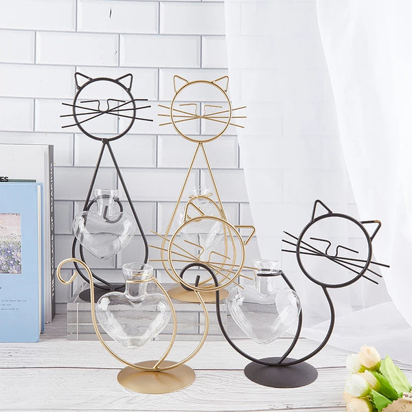 Hydroponic Plant Vases Cute Cat Shaped Flower Pot Transparent Vase With Iron For Home Decoration