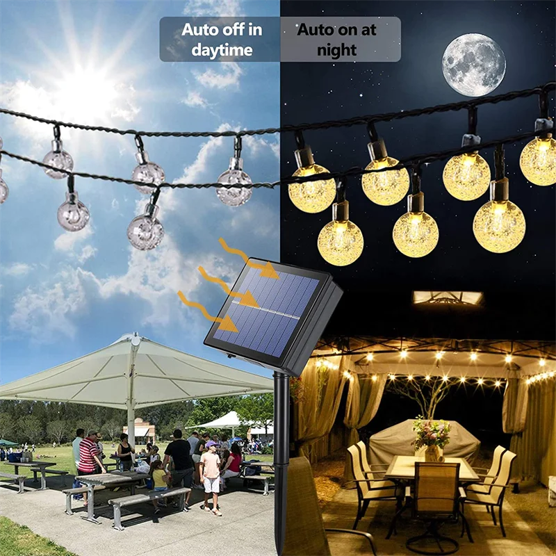 Solar String Lights Outdoor Waterproof Globe Garland Solar Powered Patio Light Decorative with 8 Lighting Modes For Garden Yard