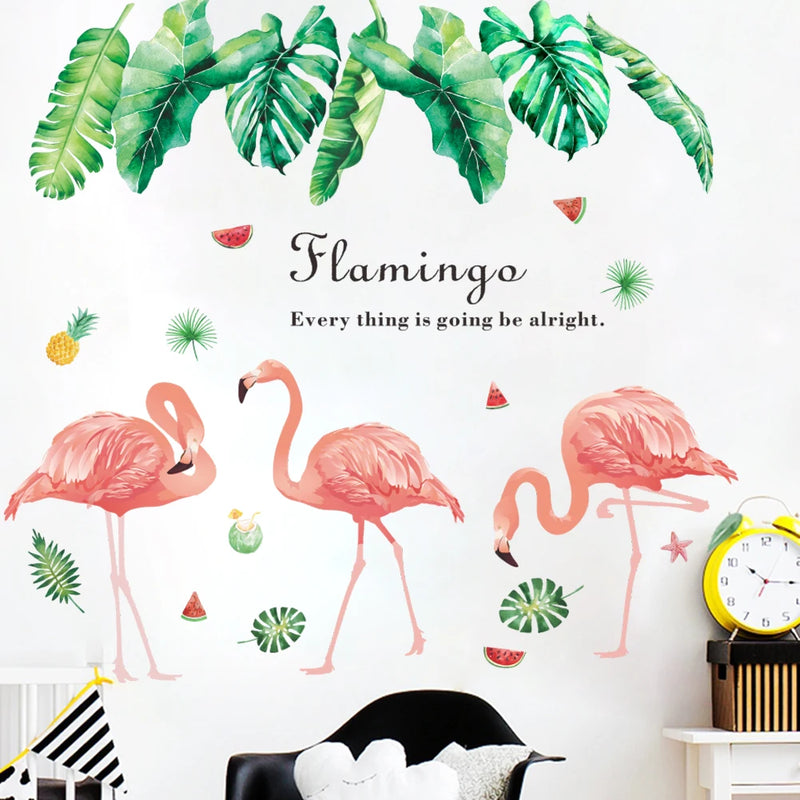 Tropical Tree Leaves flower Butterfly Flamingo Wall Stickers DIY Plant Wall Decals for Living Room Bedroom Home Decor Sticker