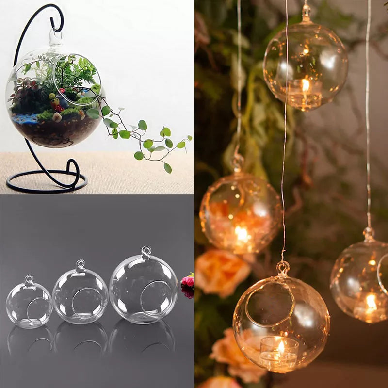 6/8/10/12Cm Clear Glass Round Hanging Candle Tea Light Holder Candlestick Home  Globe Shape Glass Candlestick Tea Light Holder