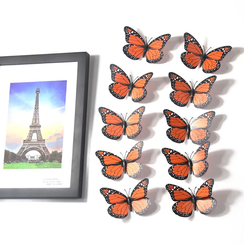 10pcs 3D Monarch Butterfly Sticker Fake Butterflies for Crafts Artificial Butterfly Wall Decor for Home Bedroom Wedding Party