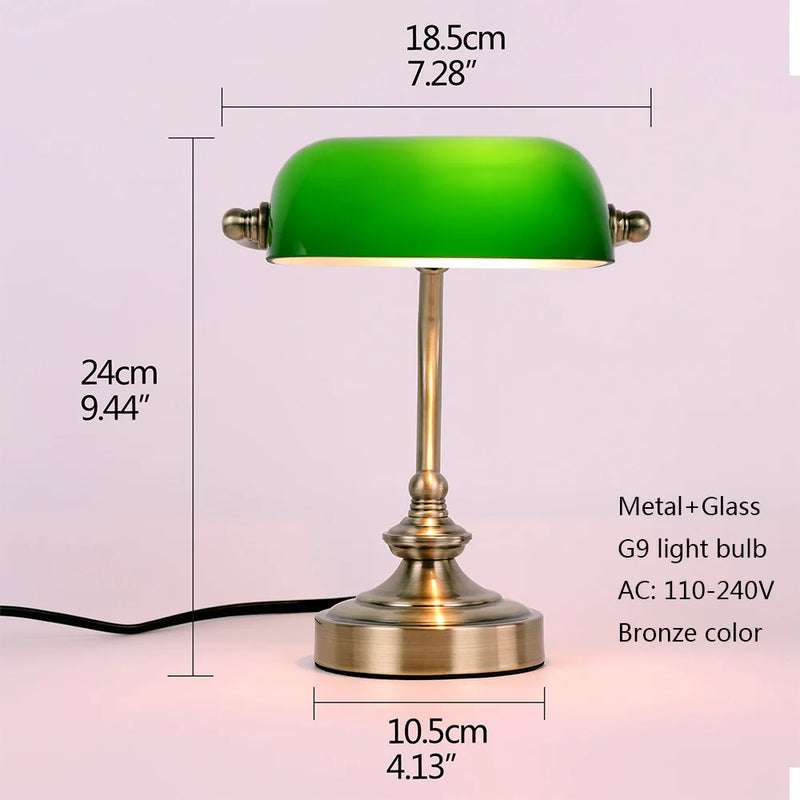 Retro G9 Mini Green Glass Lampshade Table Lamp Classic Banker Bedside Office Library Room Living Room Restaurant Cafe Desk Light