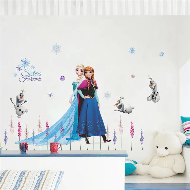 Cute Olaf Elsa Queen Anna Princess Anime Wall Stickers Kids Room Baseboard Home Decoration Cartoon Mural Art Frozen Movie Poster