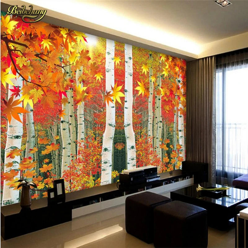 beibehang papel de parede Custom photo wall paper murals wall stickers red leaves birch forest TV 3d wallpaper