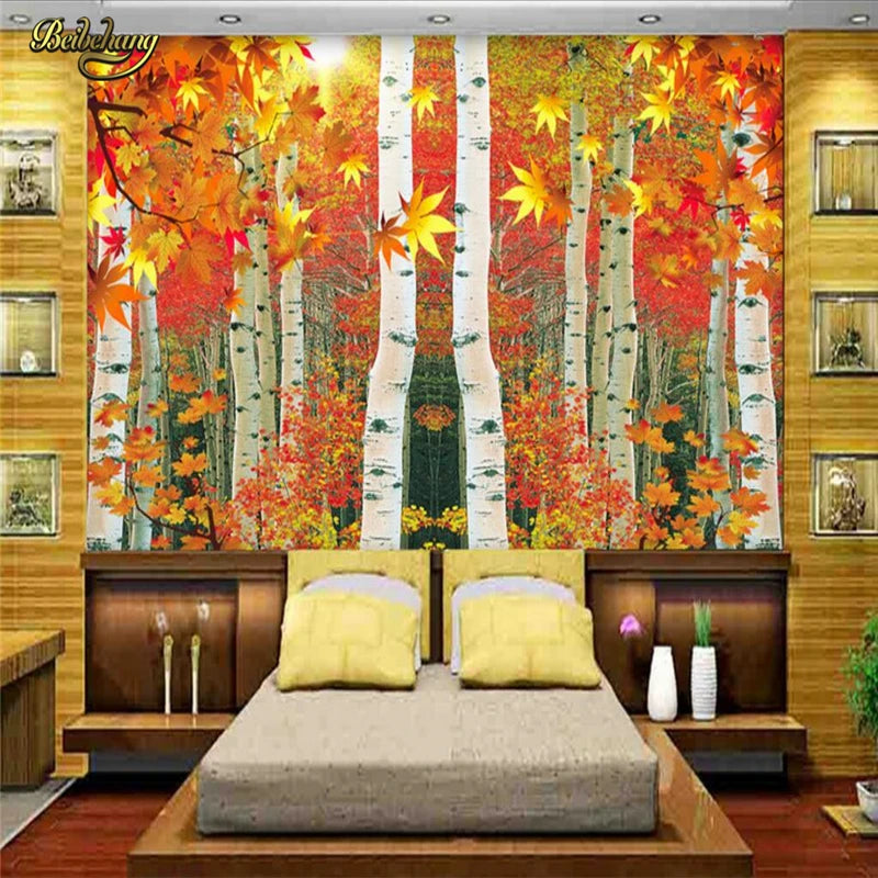 beibehang papel de parede Custom photo wall paper murals wall stickers red leaves birch forest TV 3d wallpaper