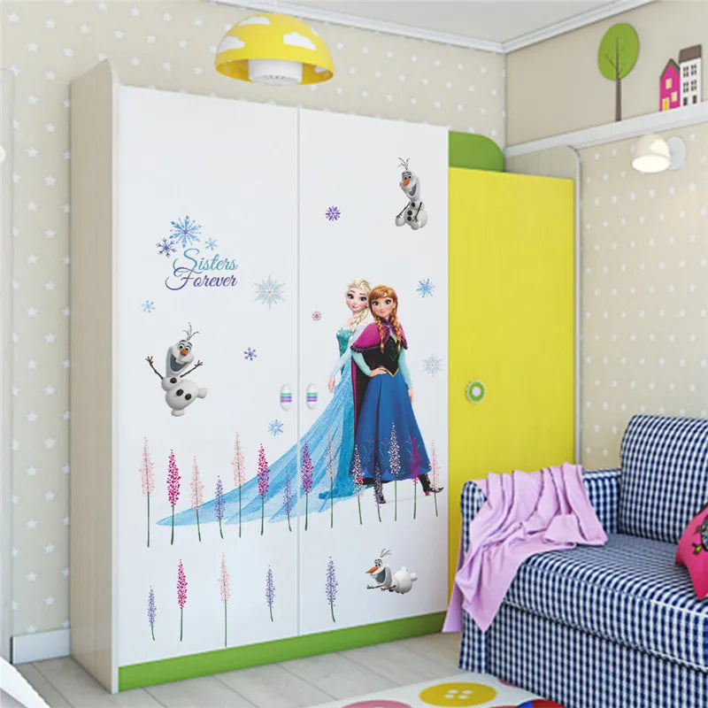 Cute Olaf Elsa Queen Anna Princess Anime Wall Stickers Kids Room Baseboard Home Decoration Cartoon Mural Art Frozen Movie Poster