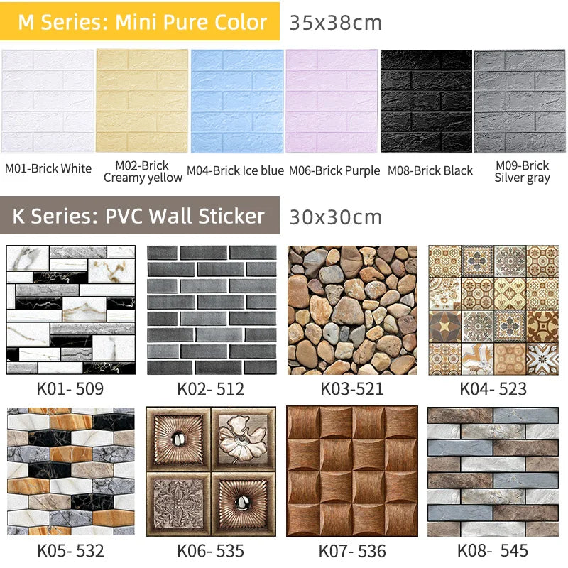 Kaguyahime 20pcs Self-Adhesive Wall Tile Stickers DIY Stone Pattern 3D PVC Wallpaper Wall Panel Home Decor Waterproof Wall Paper