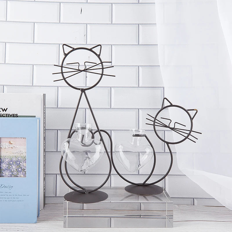 Hydroponic Plant Vases Cute Cat Shaped Flower Pot Transparent Vase With Iron For Home Decoration