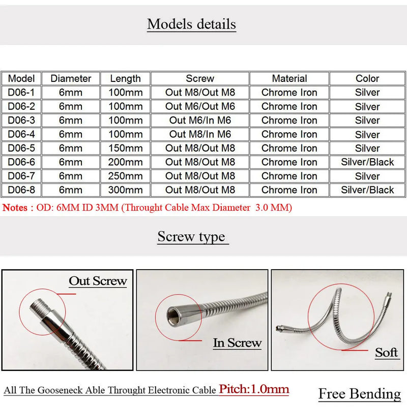 1/5/10pc Dia6mm LED Gooseneck Desk Lamp Soft Flexible light holder 10/20/30CM Table lamp lights Accessories led hose Metal Pipe