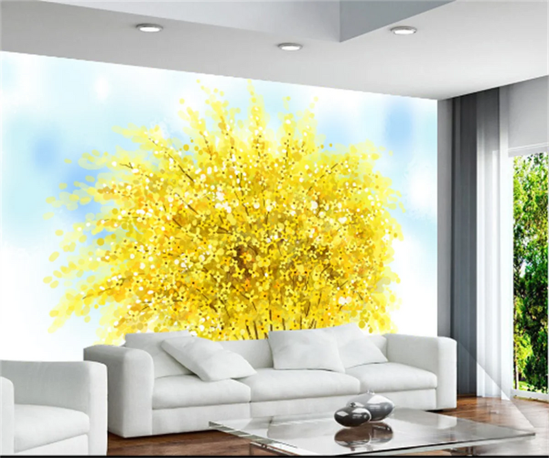 Southeast Asia hand-painted watercolor yellow big tree dreamy background wall painting custom photo wallpaper wall sticker