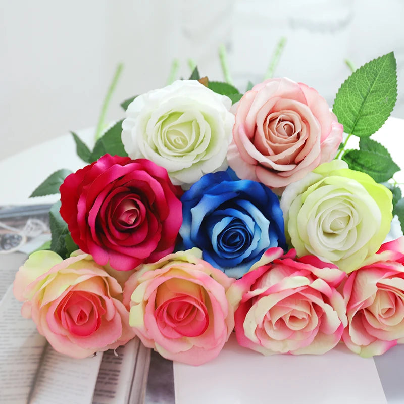 5pcs Beautiful Artificial Silk Roses Flowers Big Bouquet Wedding Home Table Decor Valentine's Day Arrange Fake Plants Present