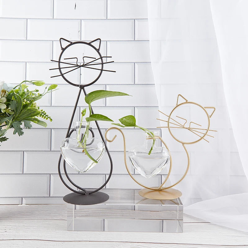 Hydroponic Plant Vases Cute Cat Shaped Flower Pot Transparent Vase With Iron For Home Decoration