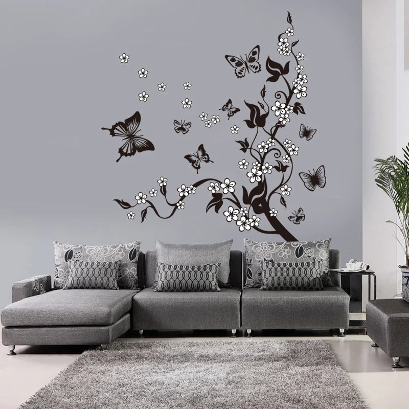 Creative Butterfly Flower Branch Decorative Wall Sticker Home Decor Living Room  Decorations Pvc Wall Decals Diy Mural Art