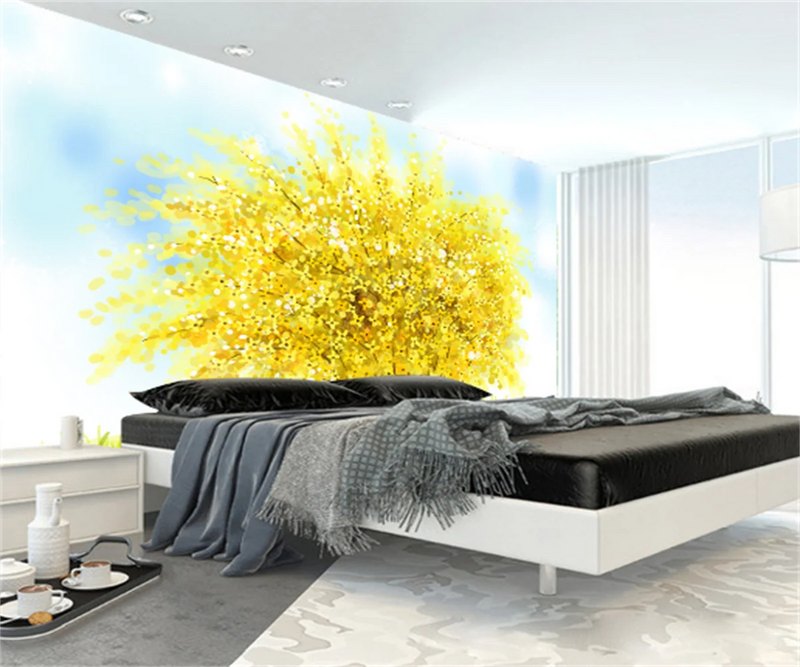 Southeast Asia hand-painted watercolor yellow big tree dreamy background wall painting custom photo wallpaper wall sticker