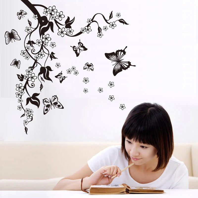 Creative Butterfly Flower Branch Decorative Wall Sticker Home Decor Living Room  Decorations Pvc Wall Decals Diy Mural Art