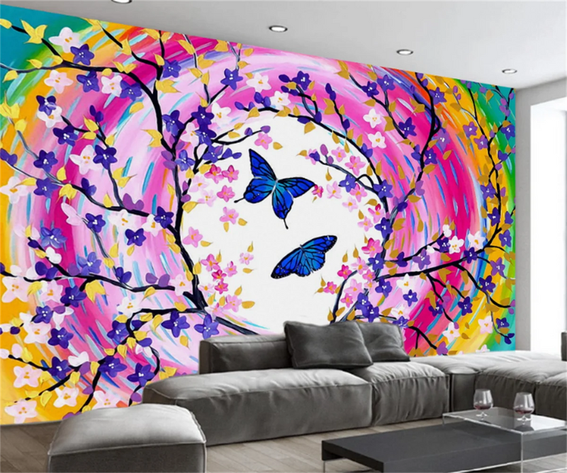 New Chinese style abstract tree butterfly studio background decoration wall stickers custom children's room wallpaper mural