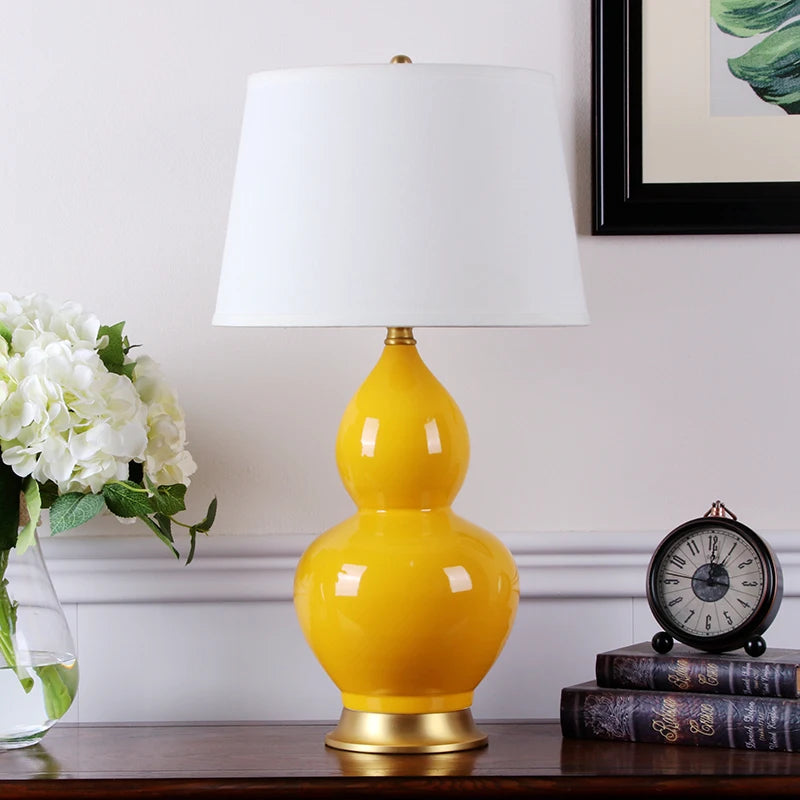 Large Ceramic Amber Yellow Gourd Shaped Chinese Simple Cozy Desk Lamp