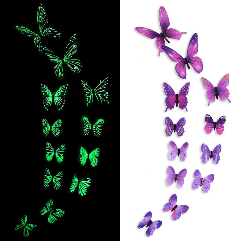 12pcs/lot Luminous Butterfly 3D Wall Sticker Colorful Butterflies Glowing Wall Decal Stickers DIY Bedroom Living Room Home Decor