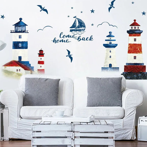 Sea Sailboat Lighthouse Wall Stickers Background Decoration Bedroom Living Room TV Sofa Mural Wallpaper Art Decals Sticker