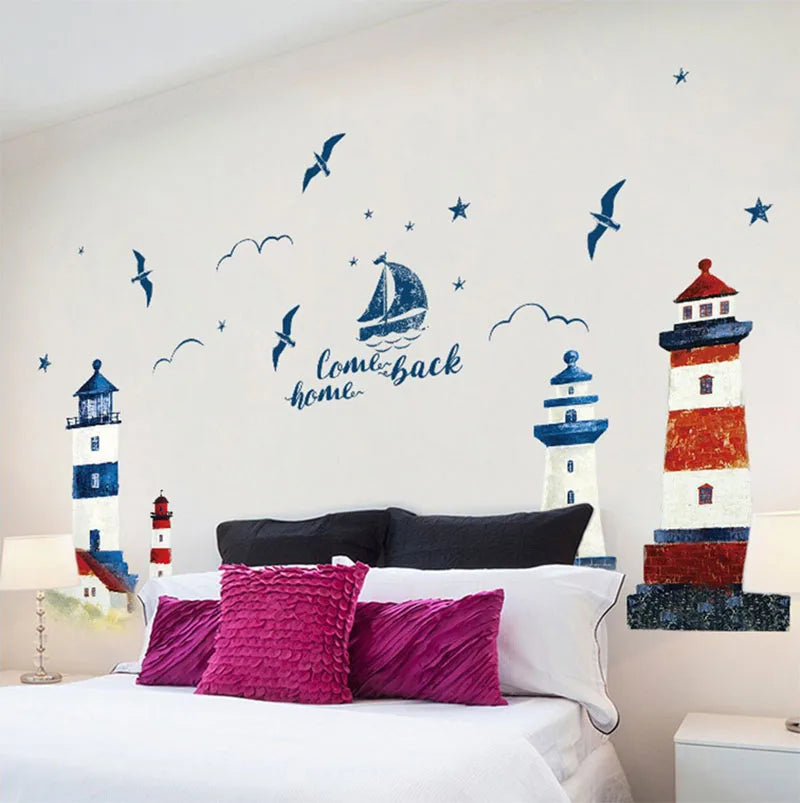 Sea Sailboat Lighthouse Wall Stickers Background Decoration Bedroom Living Room TV Sofa Mural Wallpaper Art Decals Sticker