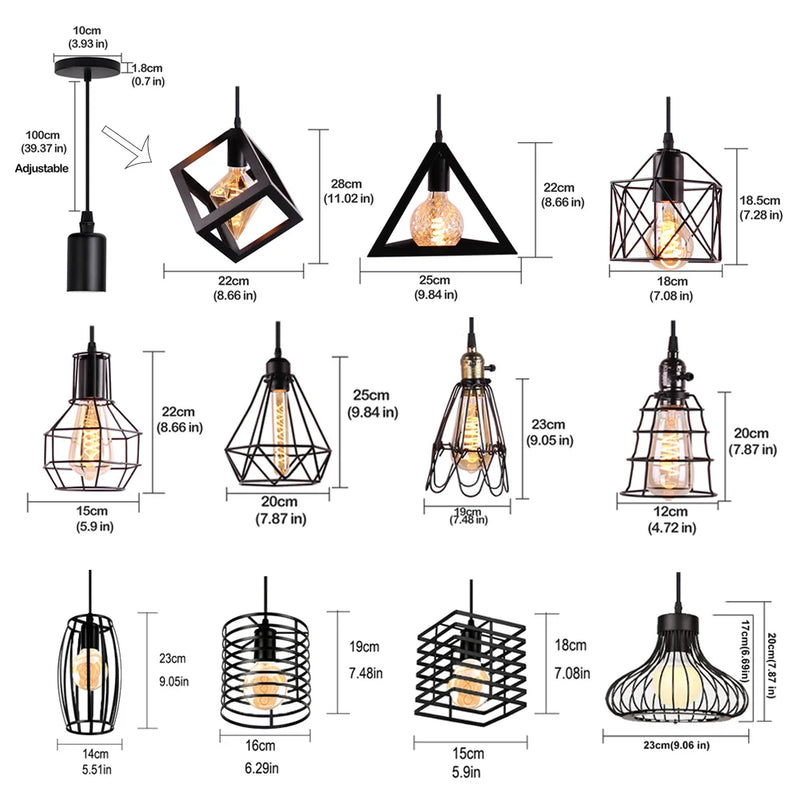 Retro Industrial Pendant Light Nordic Black Metal Cage Lighting Fixtures Iron Loft Cage Kitchen Vintage Adjustable Hanging Lamps