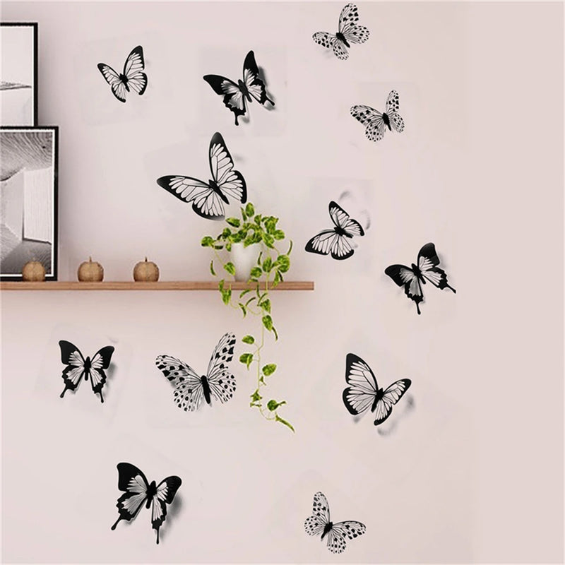 12/24 Pcs Black White 3D Butterfly Wall Sticker Wedding Decoration Bedroom Living Room Home Decor Butterflies Decals Stickers