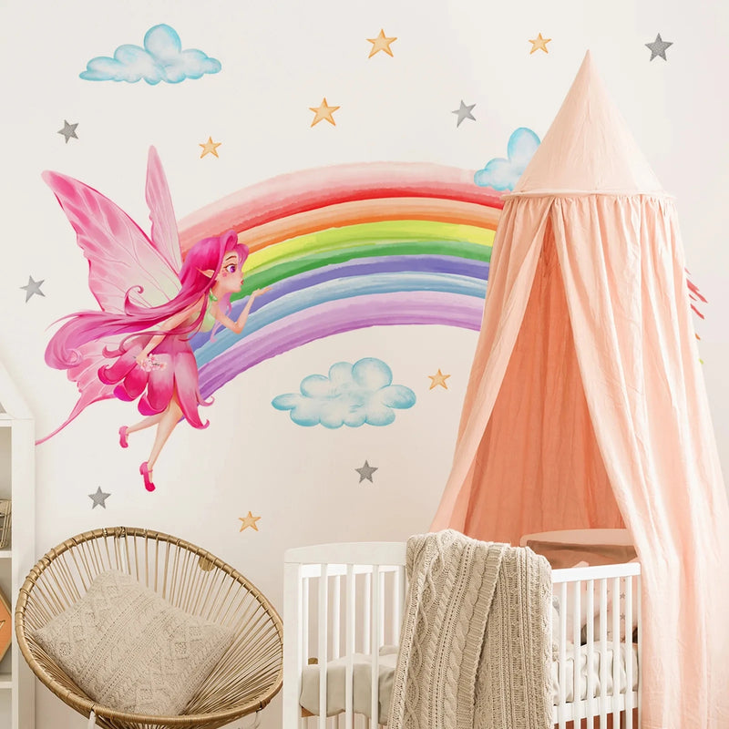 Elf Butterfly Girl Unicorn Flower Wall Stickers for Kids Room Baby Girl Wall Decals PVC Home Decor Wall Stickers Bedroom Murals