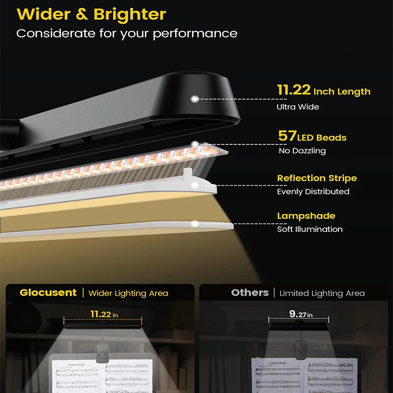 NV 57 LED Super Bright Music Stand Light Eye Caring Clip-on Piano Light USB-C Rechargeable Dimmable Music Sheet Piano Light Lamp