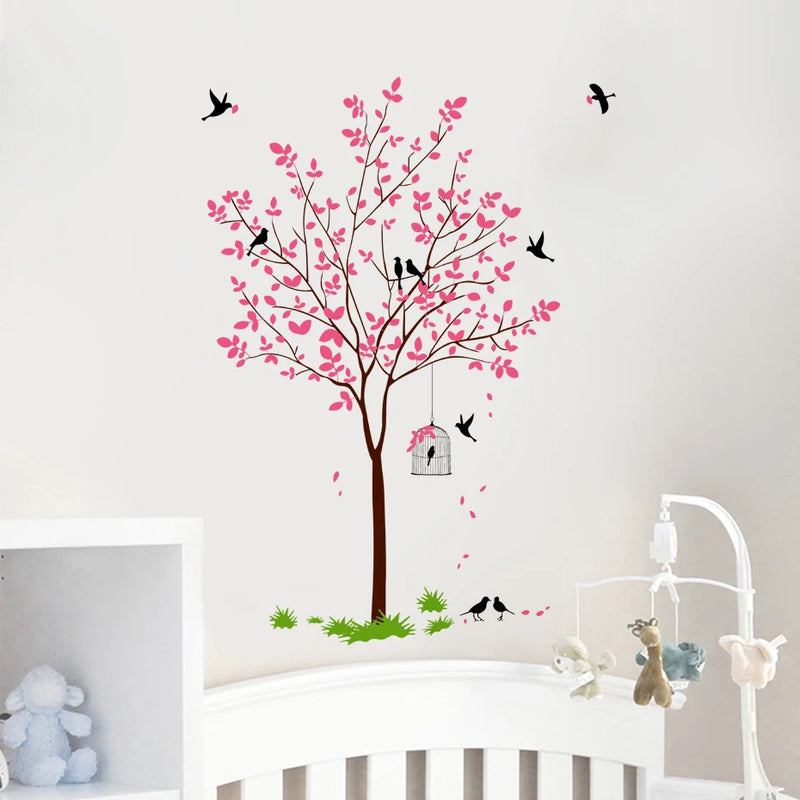 Romantic Pink Flowers Tree Wall Sticker Bird Home Decor for Living Room Art PVC Vinyl Wall Decals Chinese Style Wallpaper