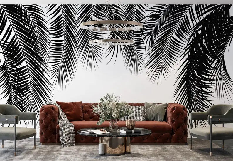 Black And White Palm Tree Leaves Hanging From Above Photo Wallpaper, Self adhesive, Custom Size Repositionable Removable Wallpap