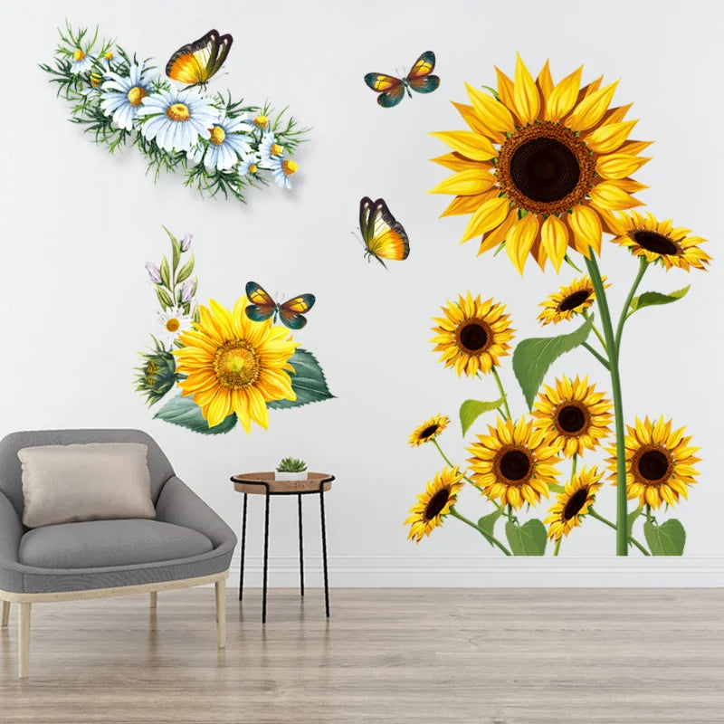 2pcs Sunflower Butterfly Wall Stickers Self-Adhesive Wallpaper For Living Room Bedroom Corridor Decoration Wall Decal Home Decor