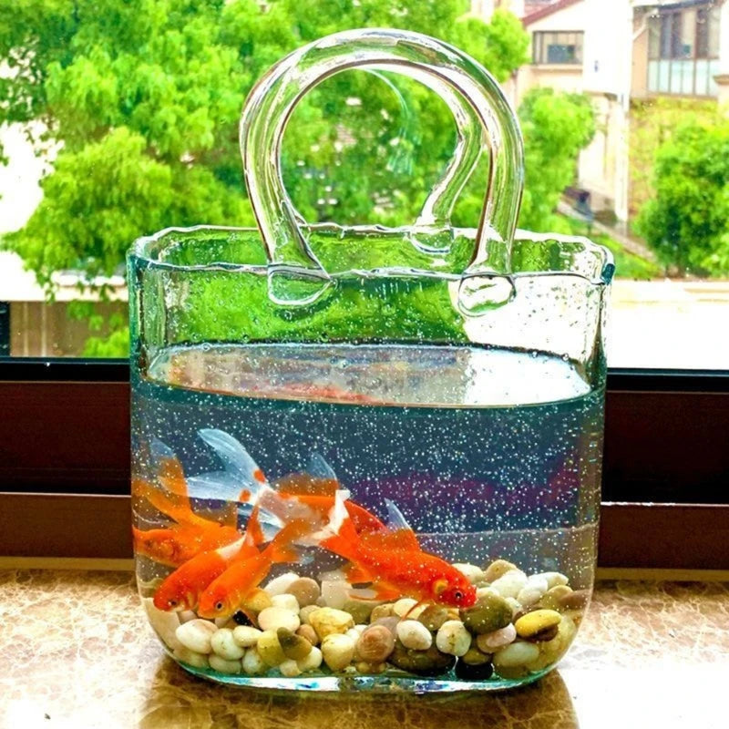 Clear Glass Vase Fish Tank Tote Bag Flower Handbag Bag Vase Desktop Centerpiece for School Office Bedroom Decoration