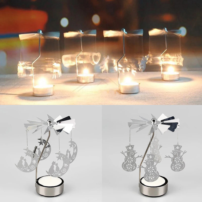 Silver Rotating Candlestick Spinning Rotary Carousel Tea Light Candle Holder Stand Light Gift Wedding Decor Ornament