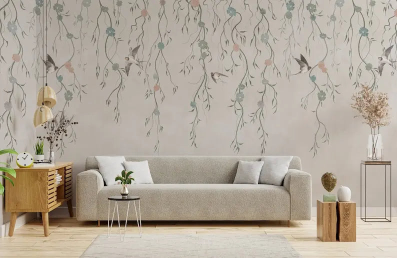 Ivy Wallpaper | Boho Plants Wall Mural Peel and Stick | Watercolor Tree Branches with Birds Wallpaper | Pastel Ivy Leaf Branch W