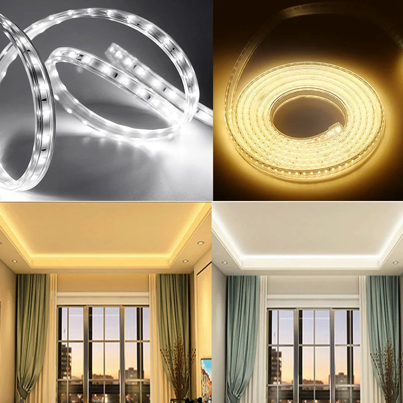 220V LED Strip Lights 5050 Waterproof High Brightness Flexible Lamp Tape Kitchen Outdoor Garden Room Decor LED Strip With Switch