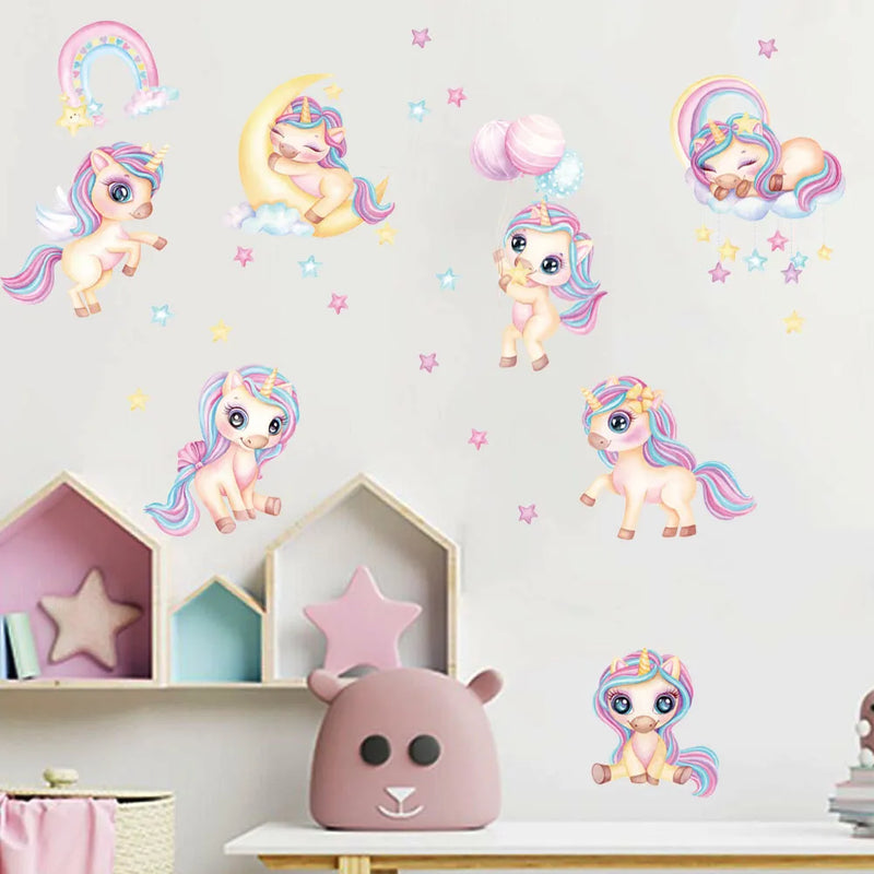 Cartoon Moon Rainbow Unicorn Horse Star Wall Decal Kindergarten Children's Room Home Decoration Decal Diy Animal Mural Art Decal