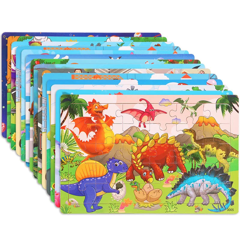 30 Pieces Wooden Jigsaw Puzzle Kids Cartoon Animal Vehicle Puzzles Games Baby Early Learning Educational Toys for Children