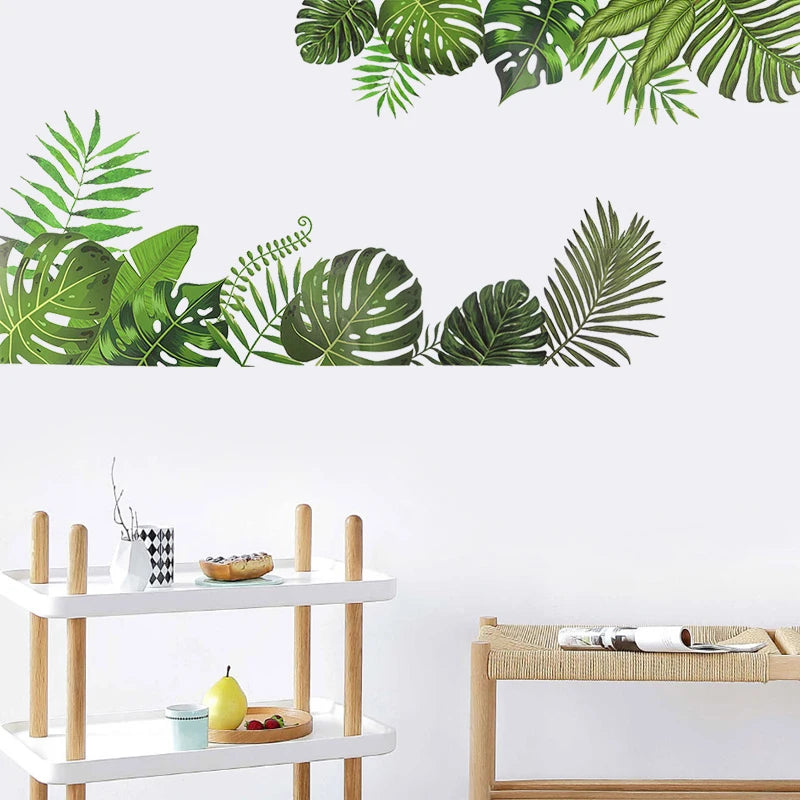 Tropical Green Plant Leaves Wall Stickers Palm Tree Leaf Wall Decals for Home Living Room Bedroom Decoration PVC Mural Wallpaper