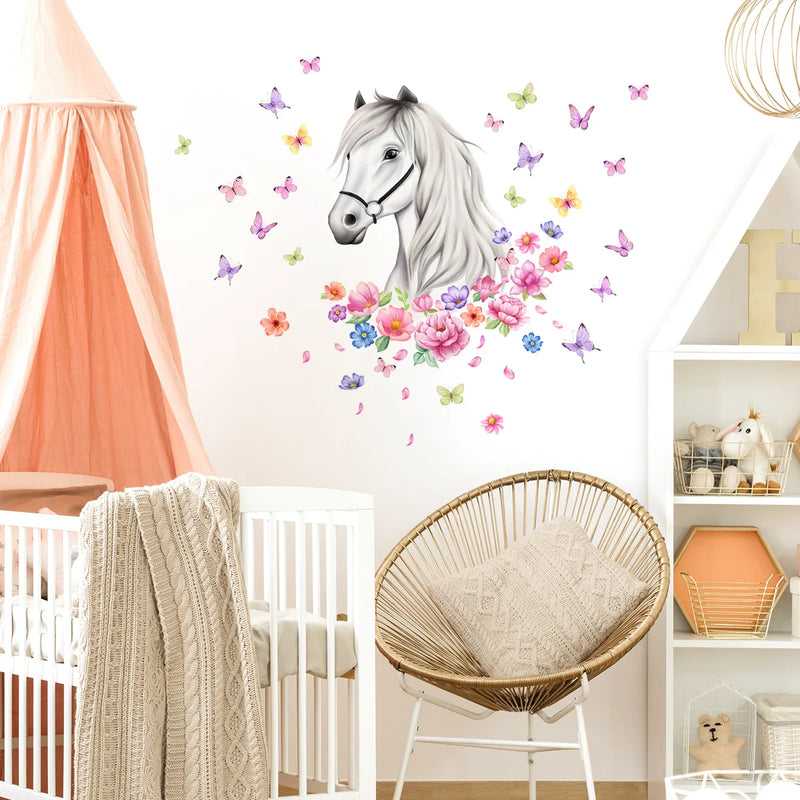 Horse Flowers Butterflies Wall Sticker Cartoon Horses Wall Art Mural for Kids Bedroom Nursery Farmhouse Office Home Decor Decals