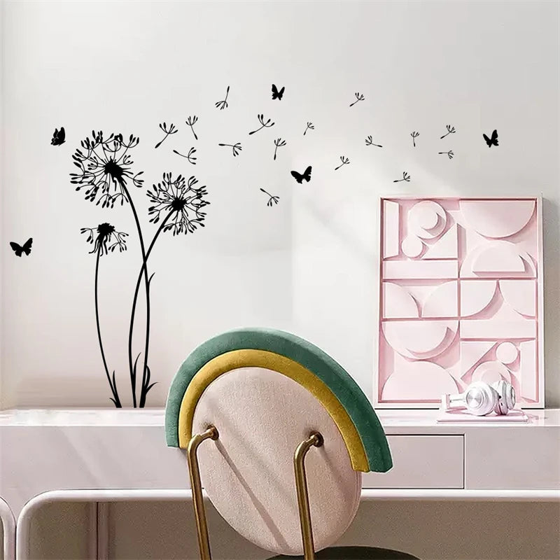 Wall Sticker Dandelion Black Butterfly Living Room Self Adhesive Paper Room Bedroom Decoration Home Wall Art Removable Mural